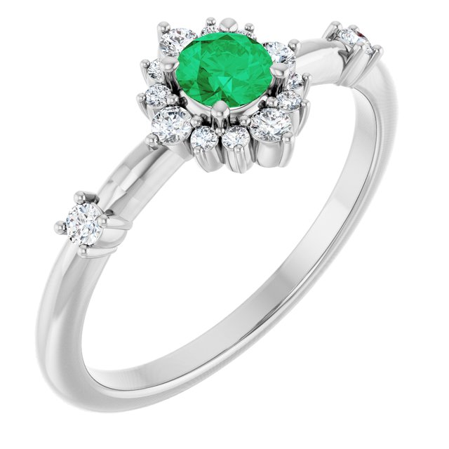 Sterling Silver Natural Emerald & 1/6 CTW Natural Diamond Halo-Style Ring 